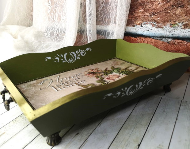 Tava decorativa vintage Home sweet home cu manere si picioruse