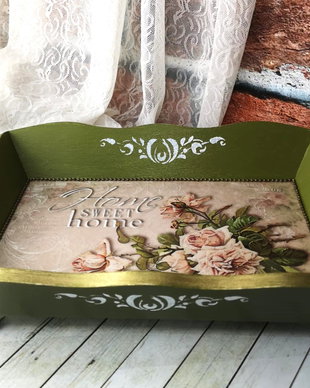 Tava decorativa vintage Home sweet home cu manere si picioruse