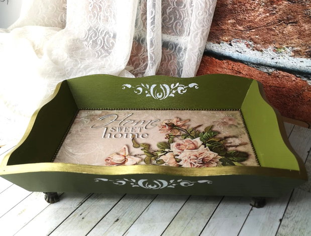 Tava decorativa vintage Home sweet home cu manere si picioruse