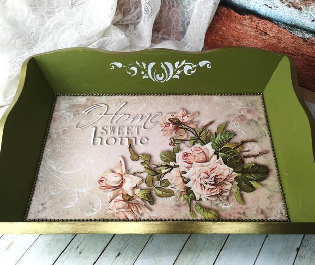 Tava decorativa vintage Home sweet home cu manere si picioruse