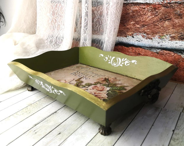 Tava decorativa vintage Home sweet home cu manere si picioruse