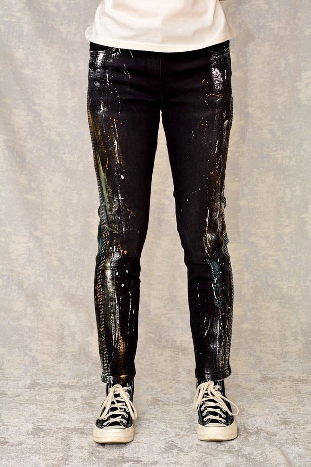 Blugi negri, Skinny Fit, pictați manual, unicat
