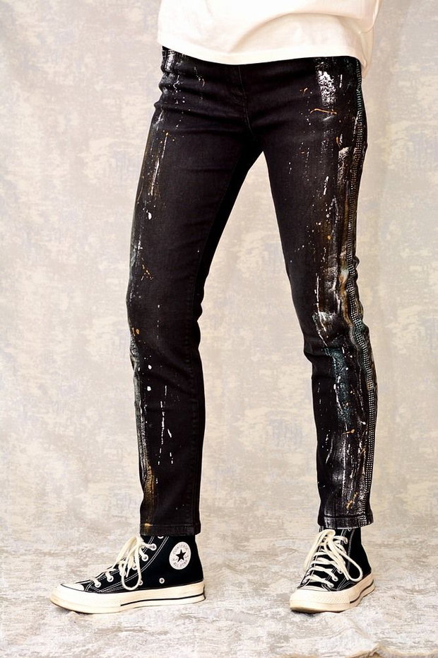 Blugi negri, Skinny Fit, pictați manual, unicat