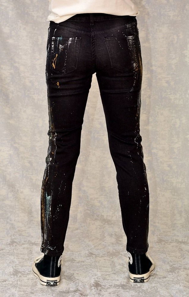 Blugi negri, Skinny Fit, pictați manual, unicat