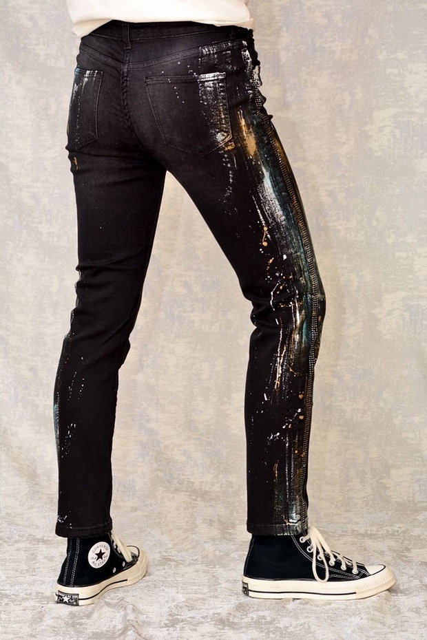 Blugi negri, Skinny Fit, pictați manual, unicat