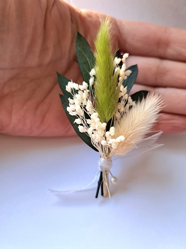 Cocarde mici invitați nuntă - flori naturale uscate și stabilizate, Lagurus Alb-Verde deschis