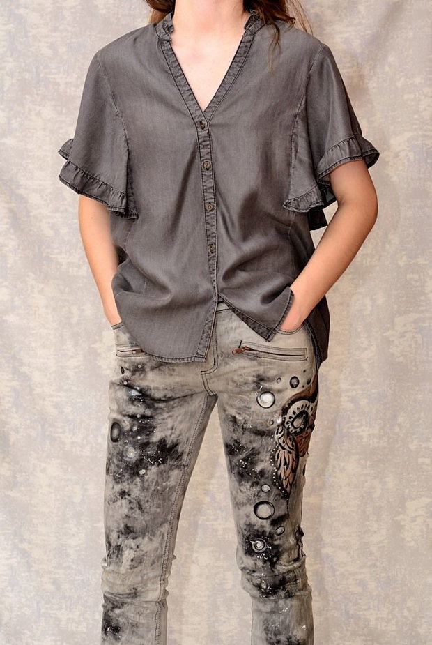 Camasa denim, gri, pictata manual, unicat