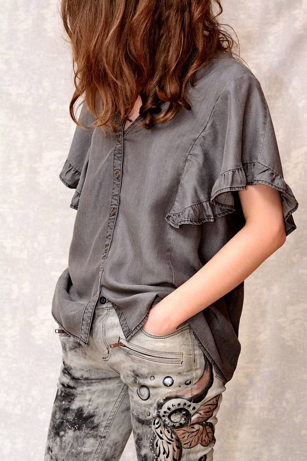 Camasa denim, gri, pictata manual, unicat