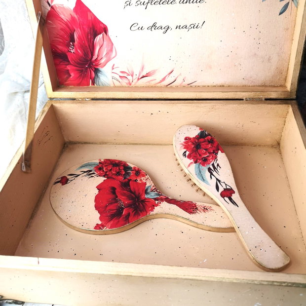 Cutie decorativa pentru nunta, cu motive florale rosii, stil vintage