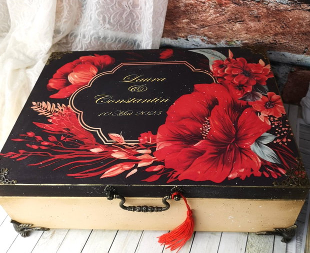 Cutie decorativa pentru nunta, cu motive florale rosii, stil vintage