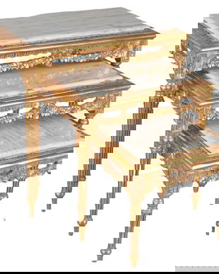 Set trei masute baroc aurii cu blat din marmura