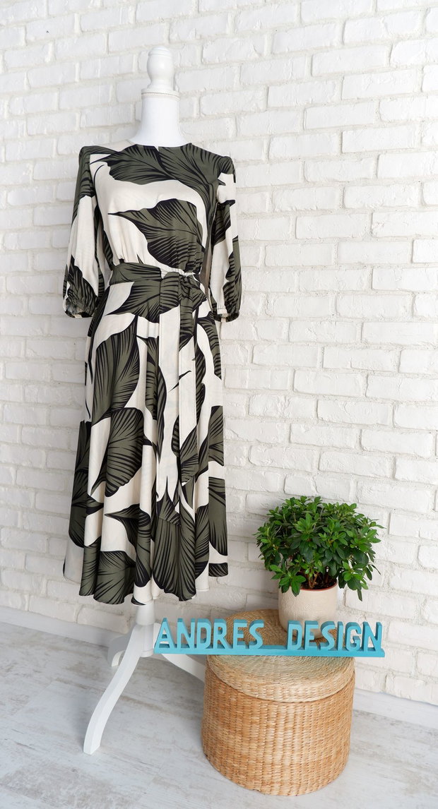 Rochie Vaporoasa Frunze Crem Kaki