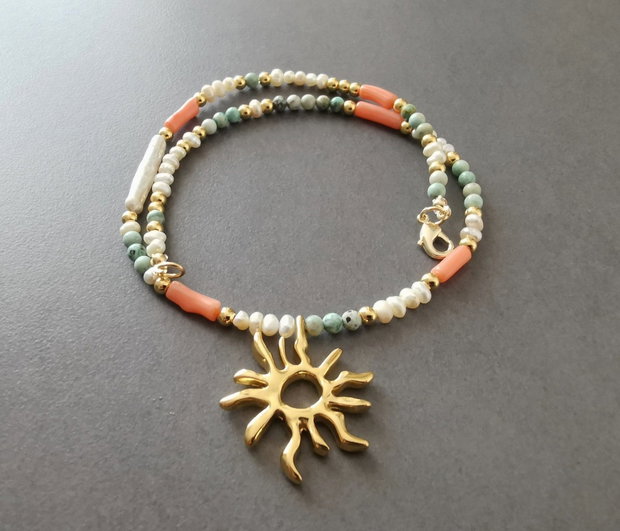 Colier perle de cultura, turcuaz si coral CP18