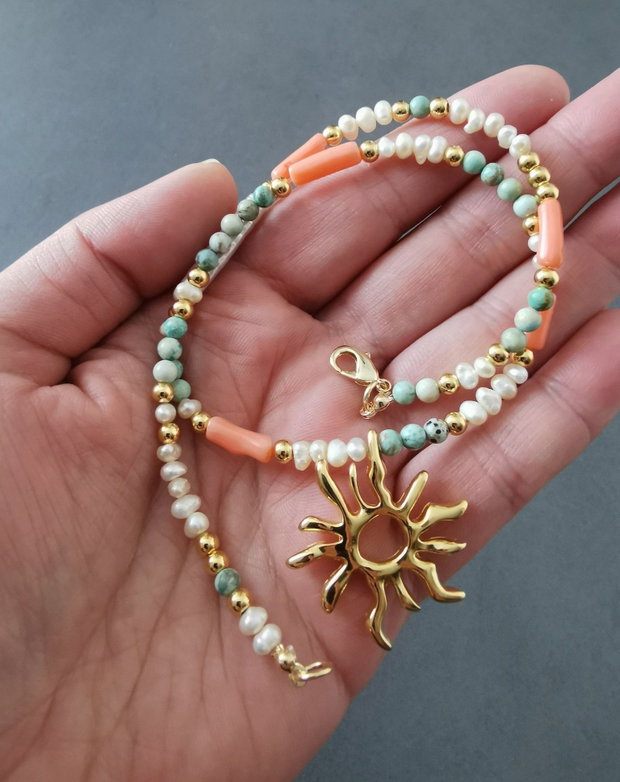 Colier perle de cultura, turcuaz si coral CP18