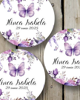 Etichete Mărturii Botez Fetițe  Model Fluturași Mov și Flor