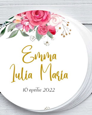 Etichete rotunde mărturii botez fetițe Trandafiri fucsia
