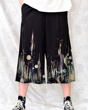 Pantaloni negri cu pictură florală, unicat