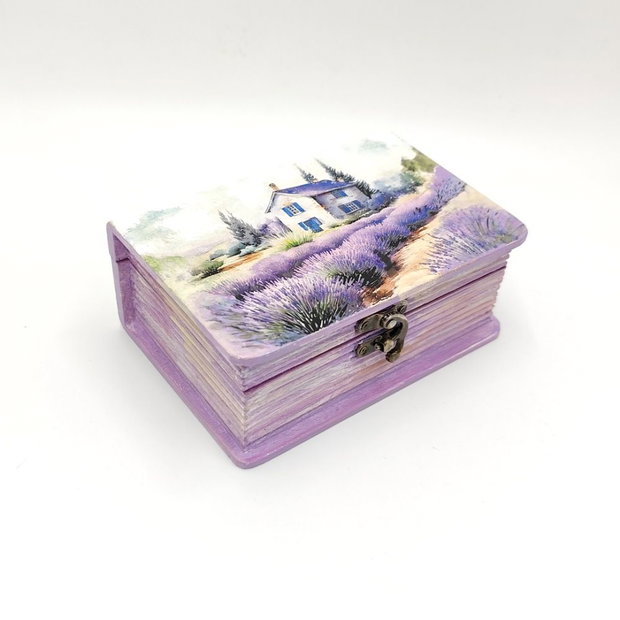 Cutie lemn tip carte, unicat, casa in lanul de lavanda, 4492