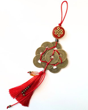Talisman / amuleta Feng Shui cu 9 monede chinezesti si citrin brut - noroc, abundenta si succes