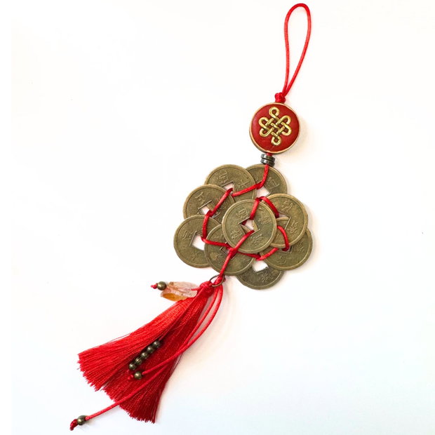 Talisman / amuleta Feng Shui cu 9 monede chinezesti si citrin brut - noroc, abundenta si succes