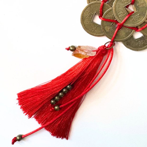 Talisman / amuleta Feng Shui cu 9 monede chinezesti si citrin brut - noroc, abundenta si succes