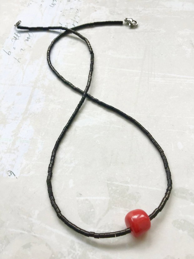 Colier Choker onix negru & coral rosu