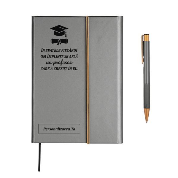 Agenda piele, gri, nedatata, A5, Piksel, Absolvire, profesori, pix asortat, 192 pagini