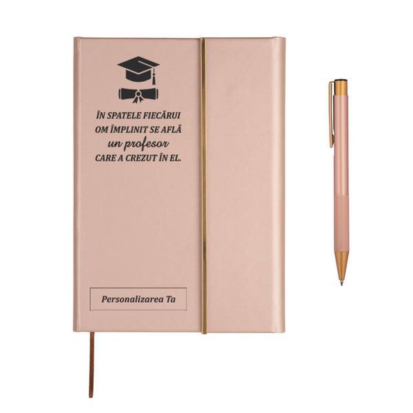 Agenda piele, rose-gold, nedatata, A5, Piksel, Absolvire, profesori, pix asortat, 192 pagini
