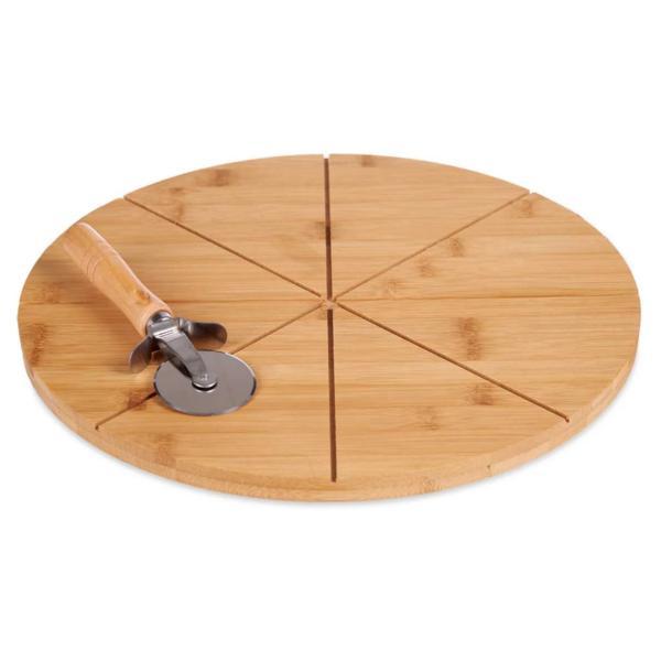 Set platou din bambus pentru servit pizza D:35 cm cu rola pentru feliere