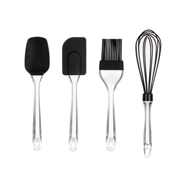 Set 4 ustensile de bucatarie din silicon cu maner de plastic, negru/transparent