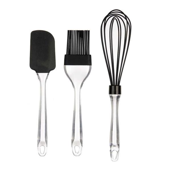 Set 3 ustensile de bucatarie din silicon cu maner de plastic, negru/transparnet