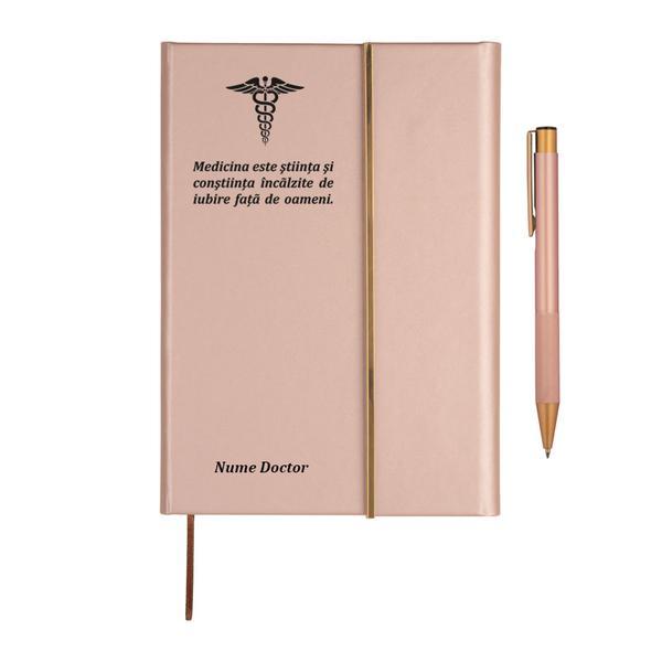 Agenda piele, rose-gold, nedatata, A5, Piksel, Medicina, Doctor, pix asortat, 192 pagini