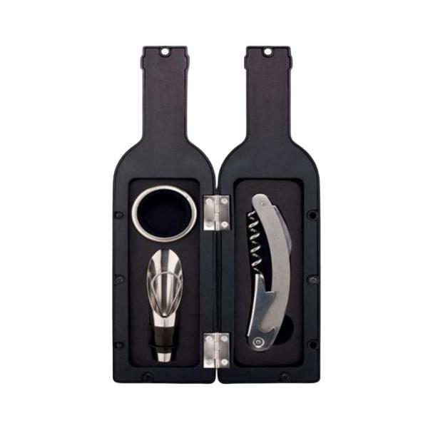 Set 4 accesorii pentru vin, ambalaj in forma de sticla, metal, 24x6 cm