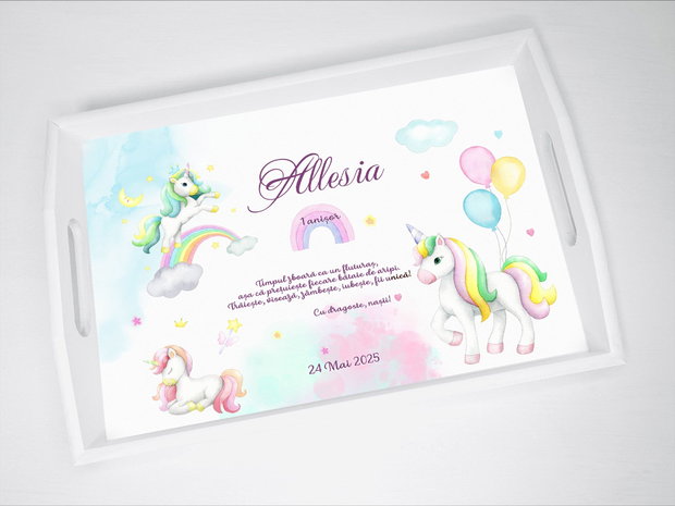 Set aniversar personalizat 1 anisor - Unicorn pastel - Tavita turta si accesorii