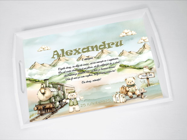 Set aniversar personalizat 1 anisor - Ursuletul calator- Tavita turta si accesorii