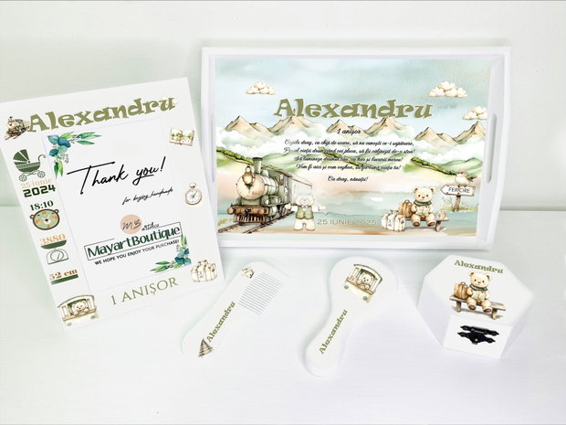 Set aniversar personalizat 1 anisor - Ursuletul calator- Tavita turta si accesorii