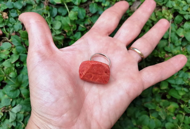 Inel Coral fatetat si Argint 925 - IN990 - Inel caramiziu reglabil, inel rotund, inel cadou, cadou sotie, cadou 8 martie, cadou Craciun, cadou romantic