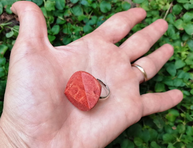 Inel Coral fatetat si Argint 925 - IN990 - Inel caramiziu reglabil, inel rotund, inel cadou, cadou sotie, cadou 8 martie, cadou Craciun, cadou romantic