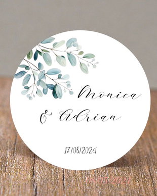 Etichete mărturii nuntă, cu design minimalist și accente botanice