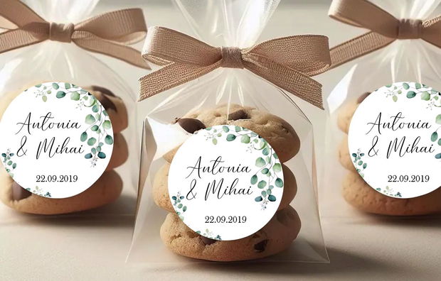 Etichete mărturii nuntă, cu design minimalist și accente botanice