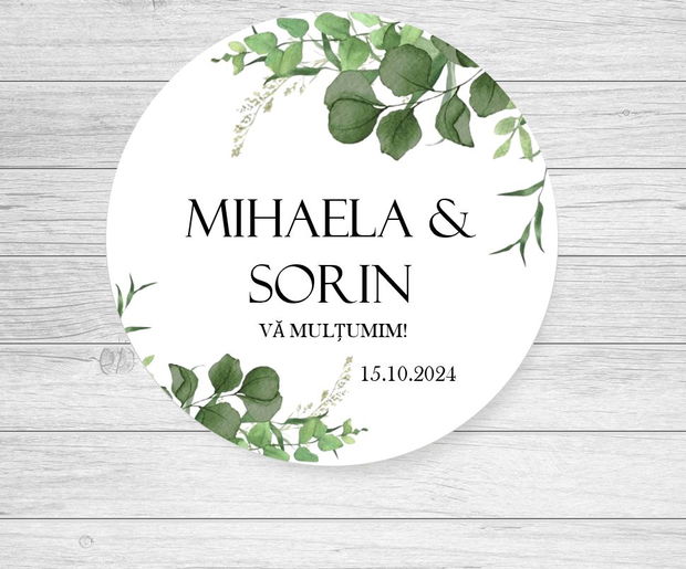 Etichete mărturii nuntă, cu design minimalist și accente botanice
