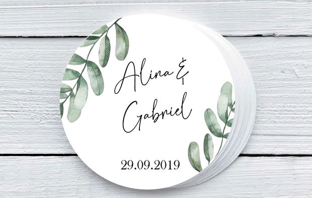 Etichete mărturii nuntă, cu design minimalist și accente botanice