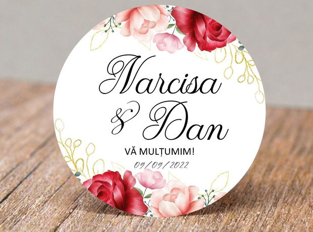 Etichete mărturii nuntă, cu design minimalist și accente botanice