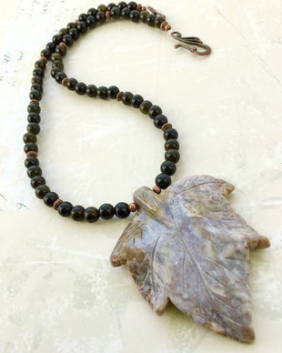Colier frunza Agata indiana & obsidian
