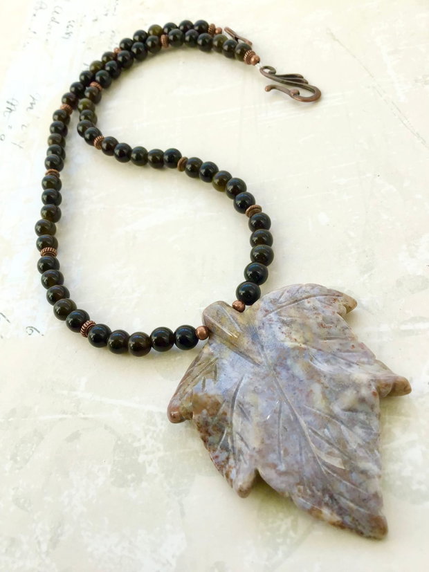 Colier frunza Agata indiana & obsidian