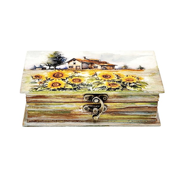 Cutie lemn tip carte, unicat, casa si lan de floarea soarelui, 4494