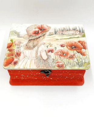 Cutie lemn tip carte, unicat, fetita cu palarie si maci, 4495