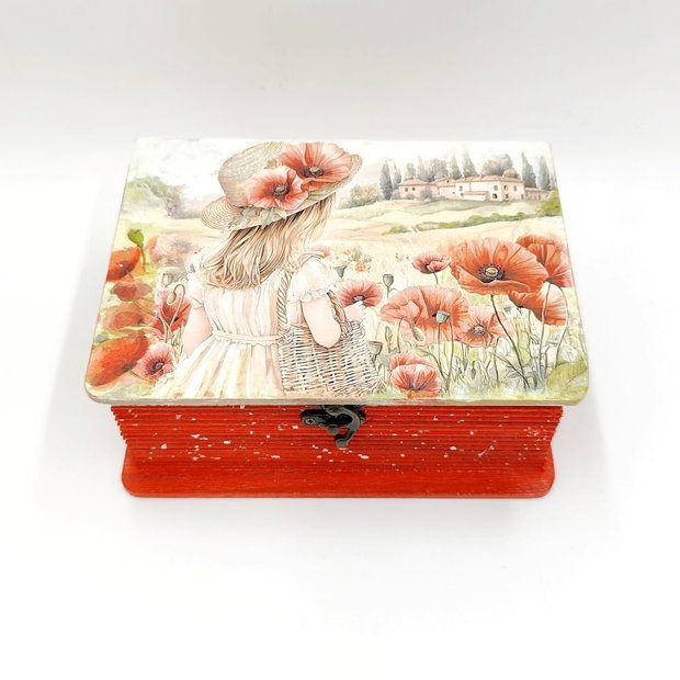 Cutie lemn tip carte, unicat, fetita cu palarie si maci, 4495