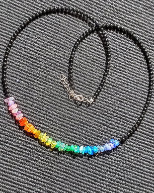 Colier argint opal de foc etiopian curcubeu rainbow chips lustruit lucios onix negru minimalist boho chic multicolor trendy - Transport gratuit