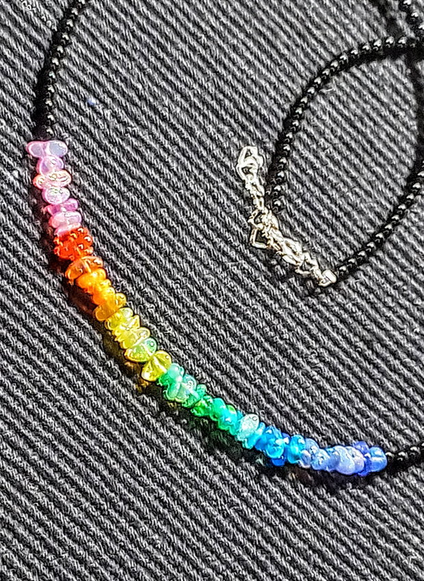 Colier argint opal de foc etiopian curcubeu rainbow chips lustruit lucios onix negru minimalist boho chic multicolor trendy - Transport gratuit